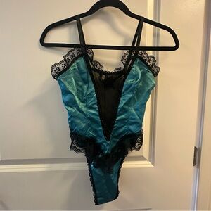 Vintage 90s Black and Teal Lace Bodysuit